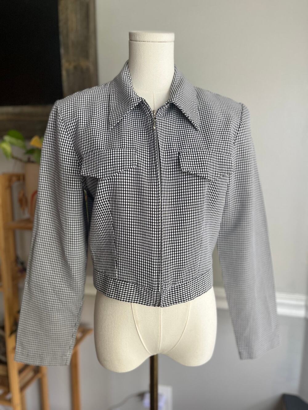 Vintage 90s Plaid Cropped Jacket Black and White Zip Up Collared Size Medium